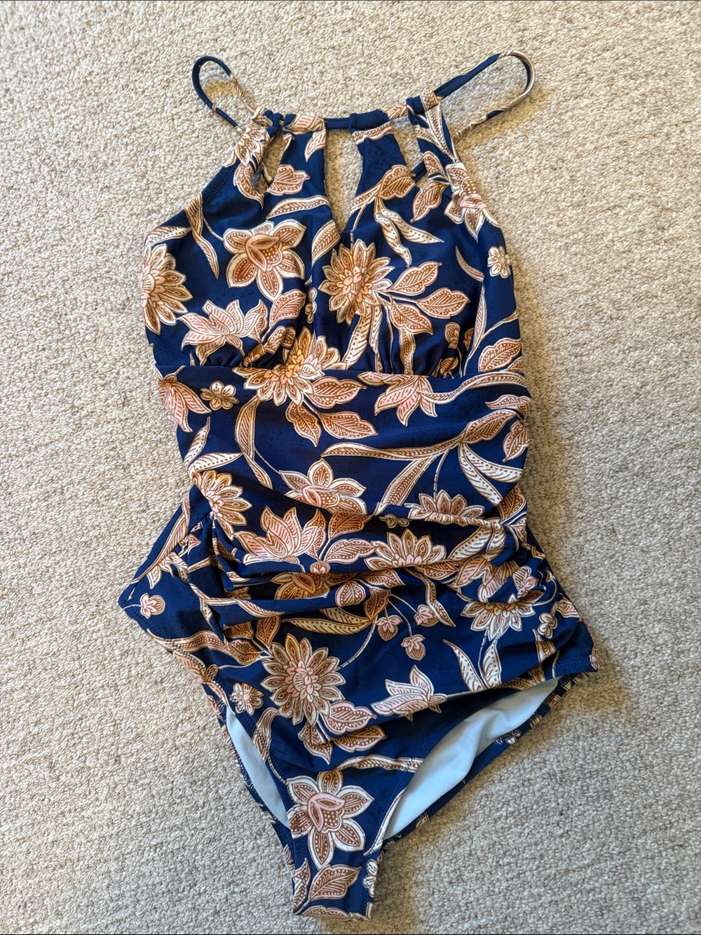 Cupshe Navy Floral Halter One-Piece Swimsuit with Tan Accents
